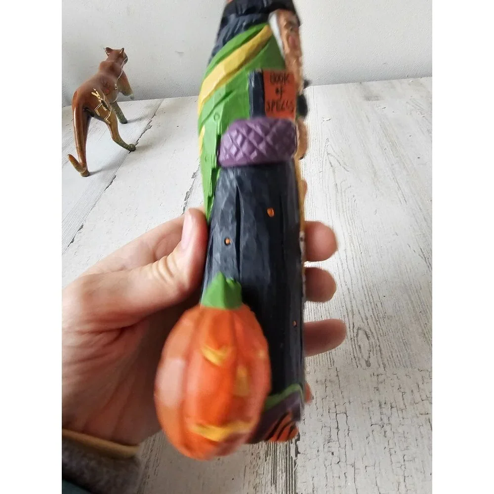 Vintage pencil witch country folk art Crow pumpkin village Halloween decor figur